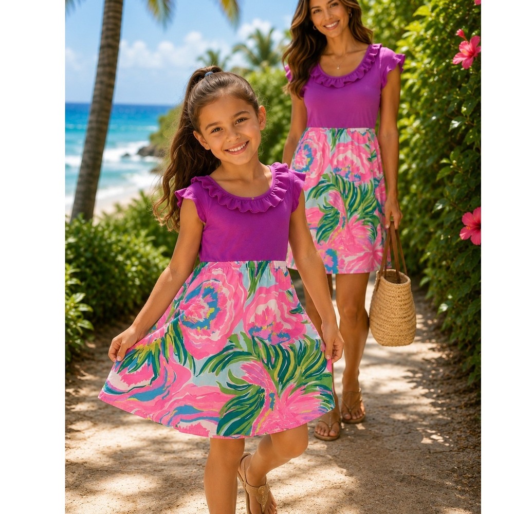 Lilly Pulitzer Girls XL 12-14 Floral Ruffle Neck Dress Purple Pink Green 25279